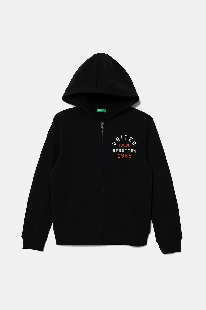 Levně Dětská bavlněná mikina United Colors of Benetton černá barva, s kapucí, vzorovaná, 3J68C505C