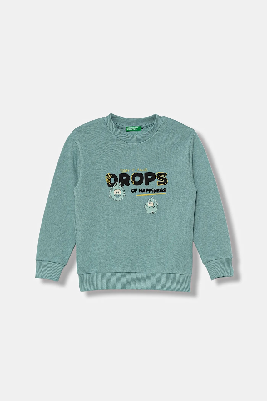 Levně Dětská bavlněná mikina United Colors of Benetton tyrkysová barva, s potiskem, 3J68G10KN