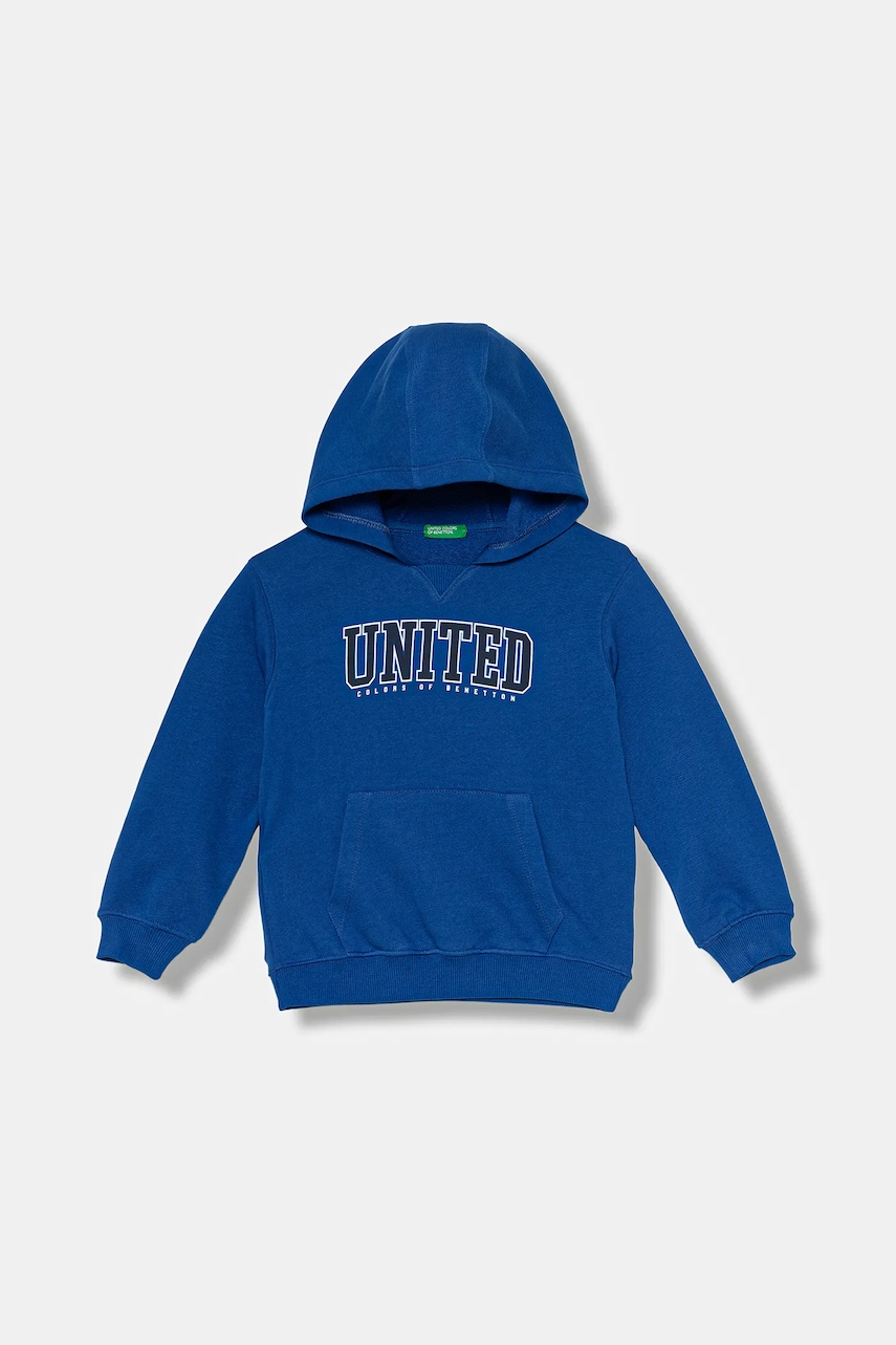 Levně Dětská bavlněná mikina United Colors of Benetton modrá barva, s kapucí, s potiskem, 3J68G200Q