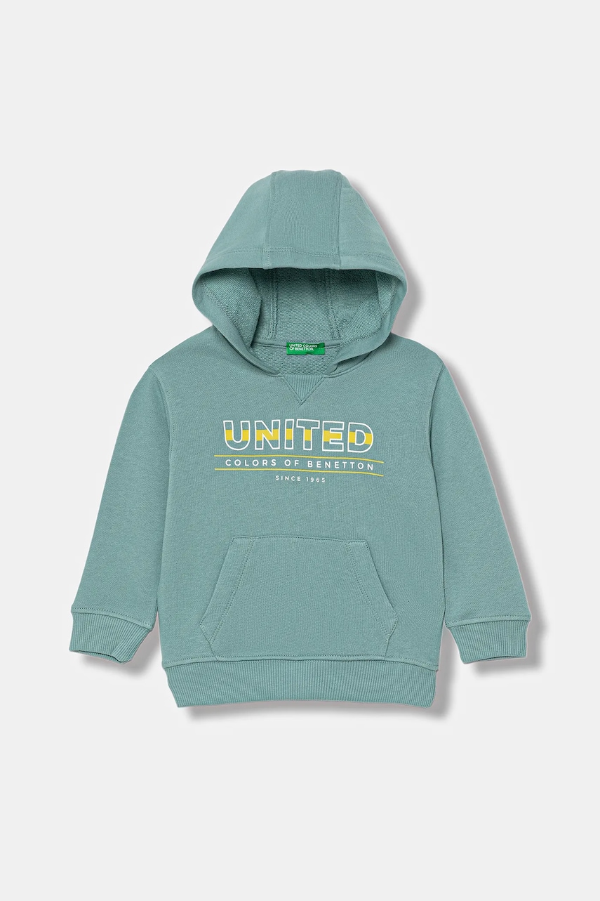 United Colors of Benetton hanorac de bumbac pentru copii culoarea turcoaz, cu glugă, cu model, 3J68G2014