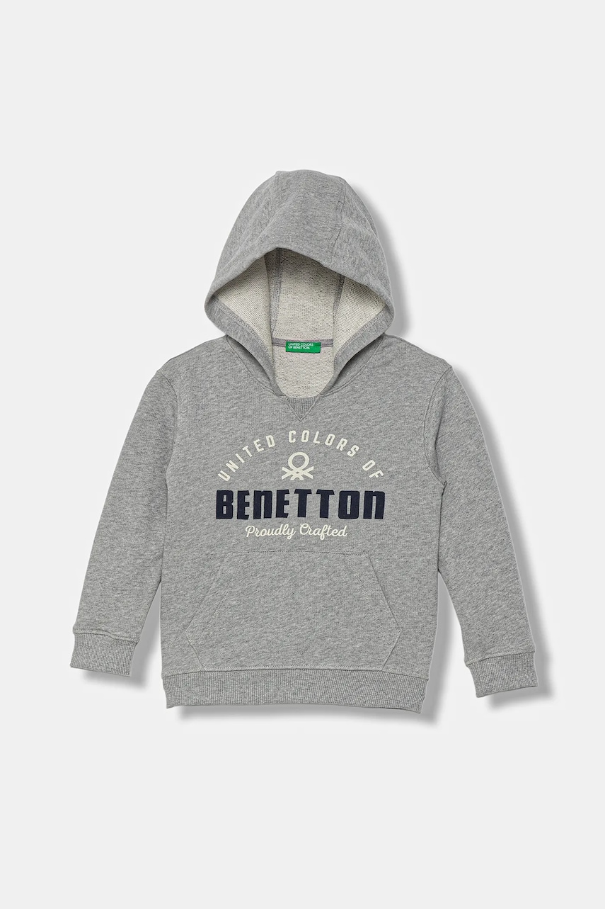 Levně Dětská bavlněná mikina United Colors of Benetton šedá barva, s kapucí, vzorovaná, 3J68G2014