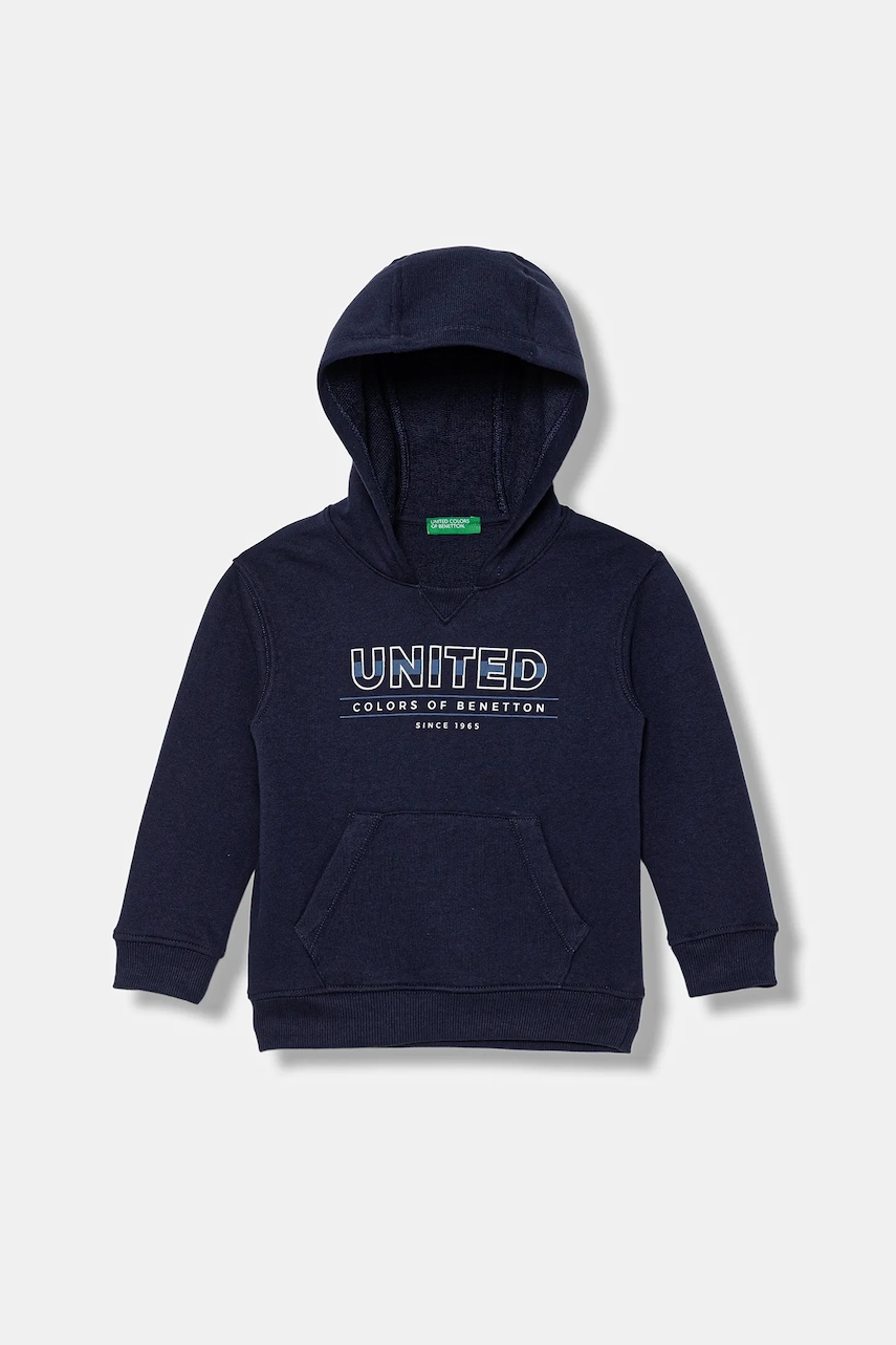 United Colors of Benetton hanorac de bumbac pentru copii culoarea bleumarin, cu glugă, cu model, 3J68G2014