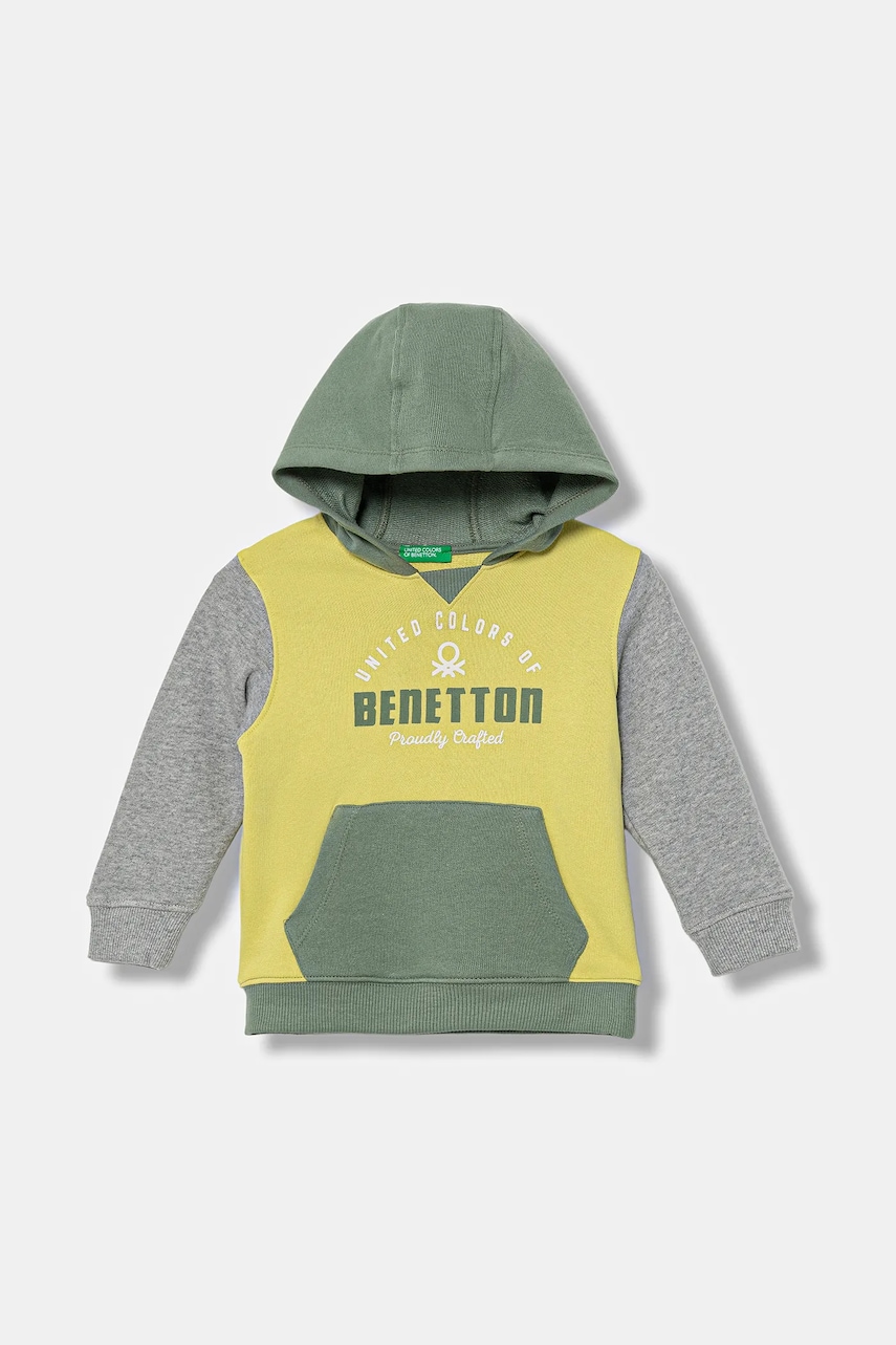 United Colors of Benetton hanorac de bumbac pentru copii culoarea verde, cu glugă, cu model, 3J68G2014