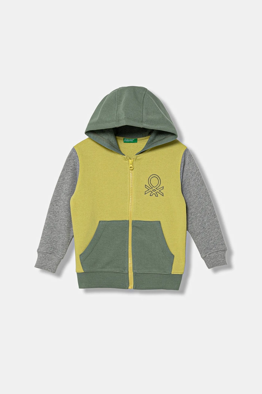 Levně Dětská bavlněná mikina United Colors of Benetton zelená barva, s kapucí, hladká, 3J68G503V