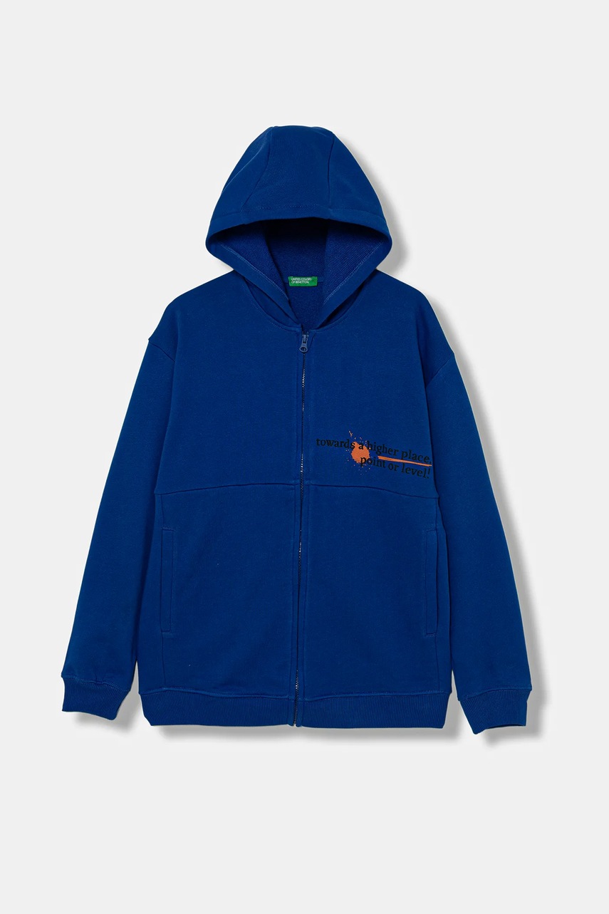 Levně Dětská bavlněná mikina United Colors of Benetton modrá barva, s kapucí, s potiskem, 3J68C505G