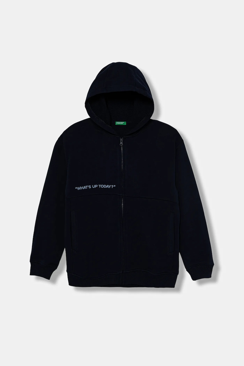 United Colors of Benetton hanorac de bumbac pentru copii culoarea bleumarin, cu glugă, cu imprimeu, 3J68C505G