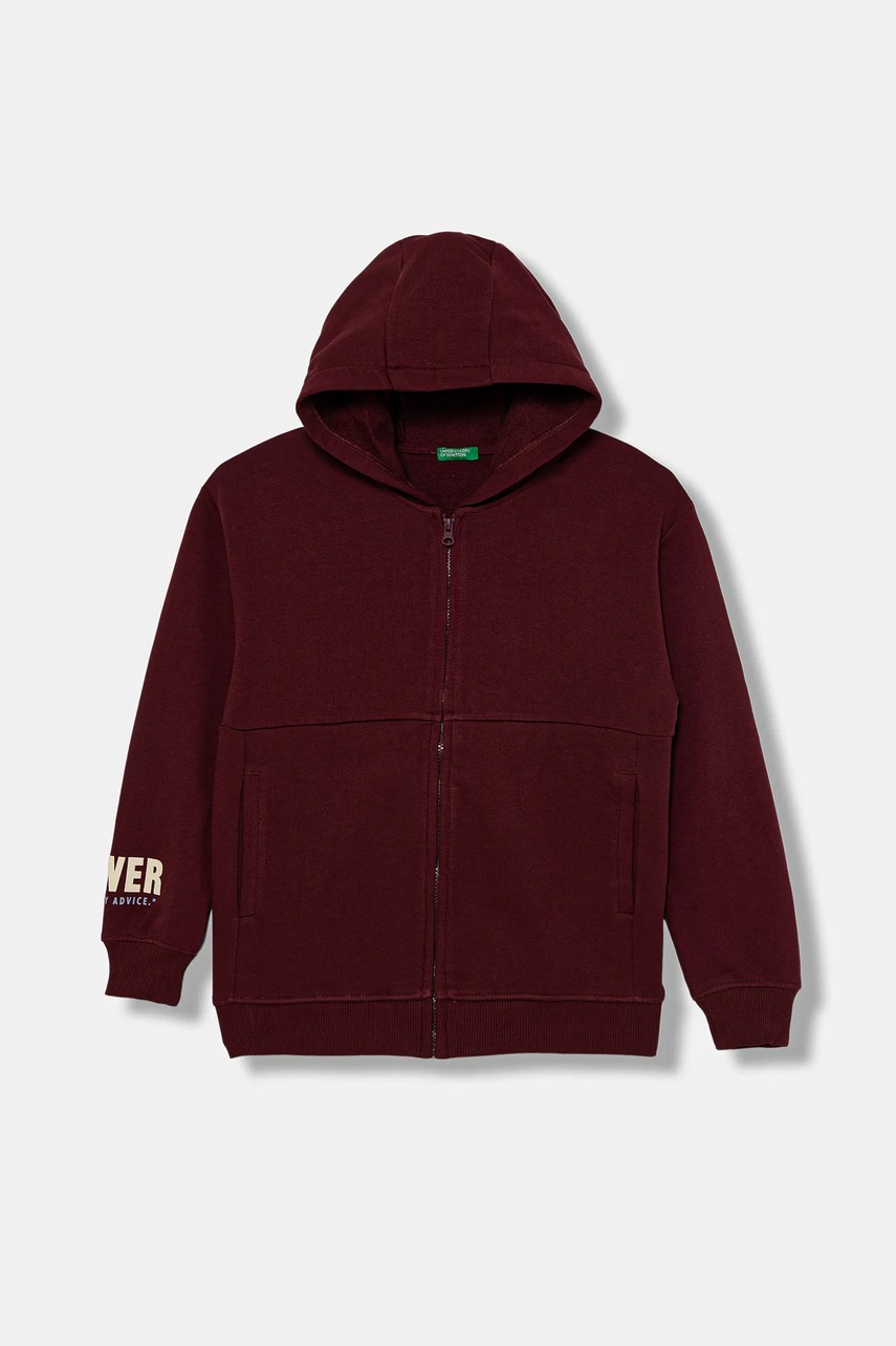 Levně Dětská bavlněná mikina United Colors of Benetton vínová barva, s kapucí, s potiskem, 3J68C505G