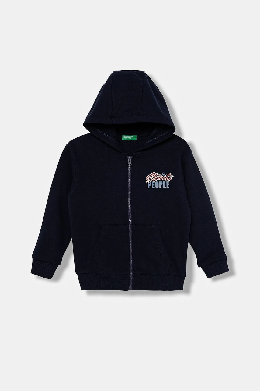 United Colors of Benetton hanorac de bumbac pentru copii culoarea bleumarin, cu glugă, cu imprimeu, 3J68G503Y