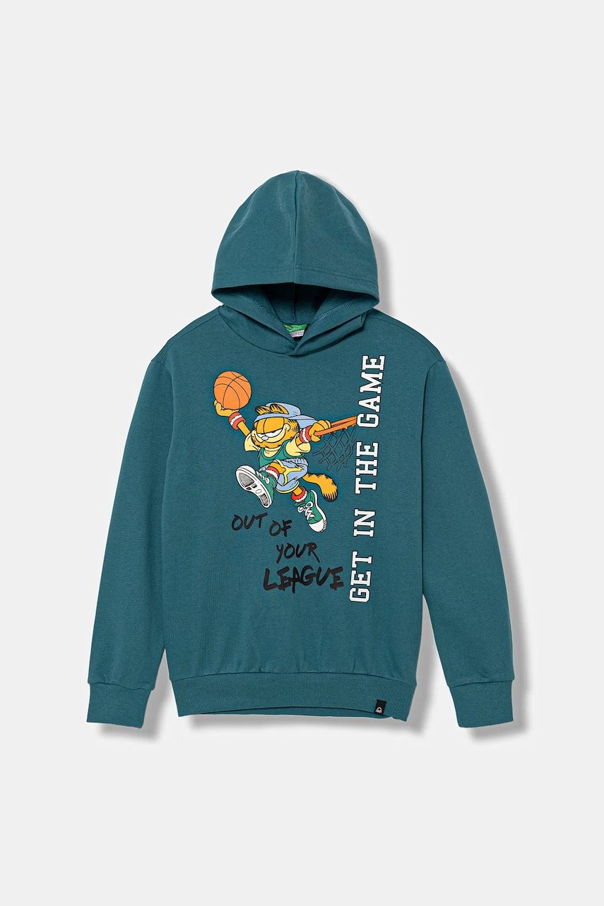 Levně Dětská bavlněná mikina United Colors of Benetton zelená barva, s kapucí, s potiskem, 3UNIC204Y