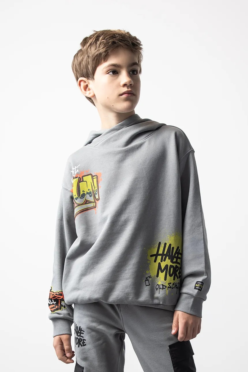 Levně Dětská mikina s bavlnou Coccodrillo šedá barva, s kapucí, s potiskem, SPORTS BOY JUNIOR