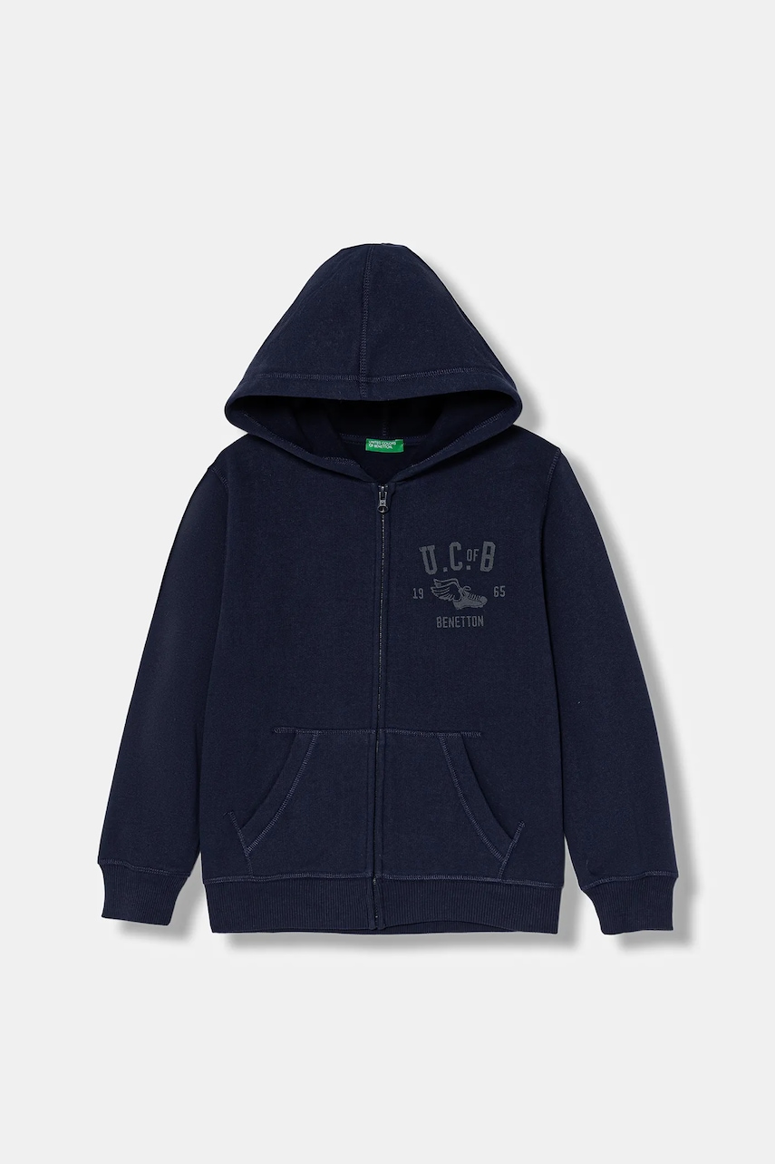 United Colors of Benetton bluză copii culoarea bleumarin, cu glugă, cu imprimeu, 3EB5C505L