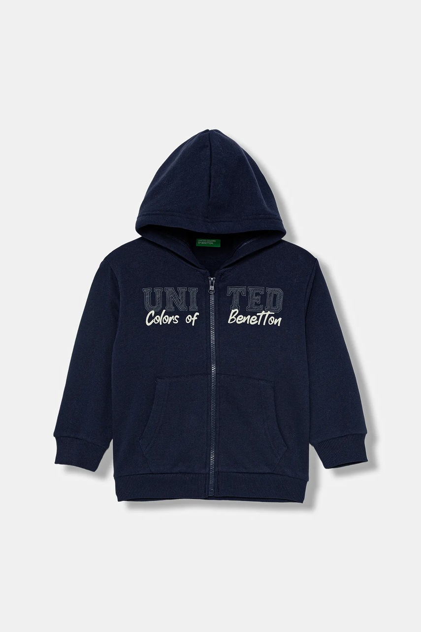 United Colors of Benetton bluză copii culoarea bleumarin, cu glugă, cu imprimeu, 3EB5G5043
