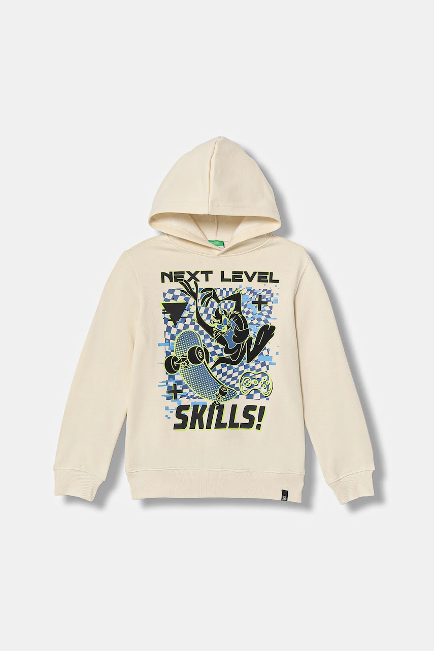 United Colors of Benetton bluză copii culoarea bej, cu glugă, cu imprimeu, 3J73C205I