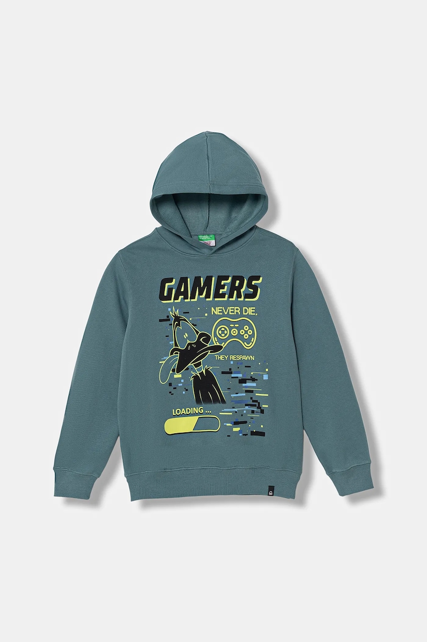 United Colors of Benetton bluză copii culoarea verde, cu glugă, cu imprimeu, 3J73C205I