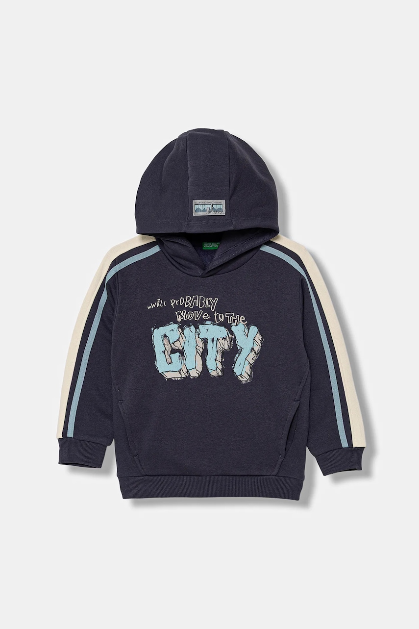 United Colors of Benetton bluză copii culoarea gri, cu glugă, cu imprimeu, 3YBPG2018