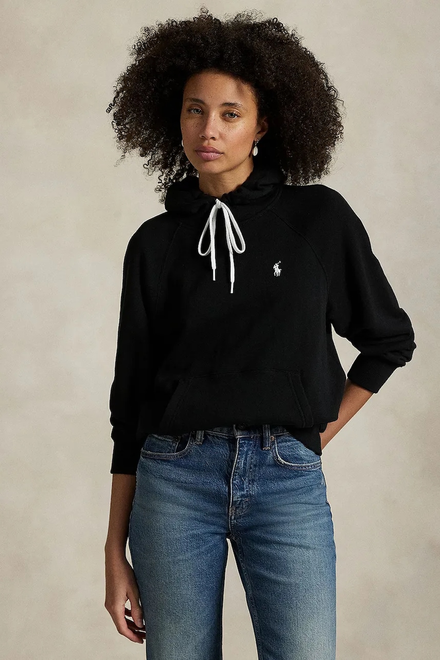 Levně Mikina Polo Ralph Lauren dámská, černá barva, s kapucí, hladká, 211971691