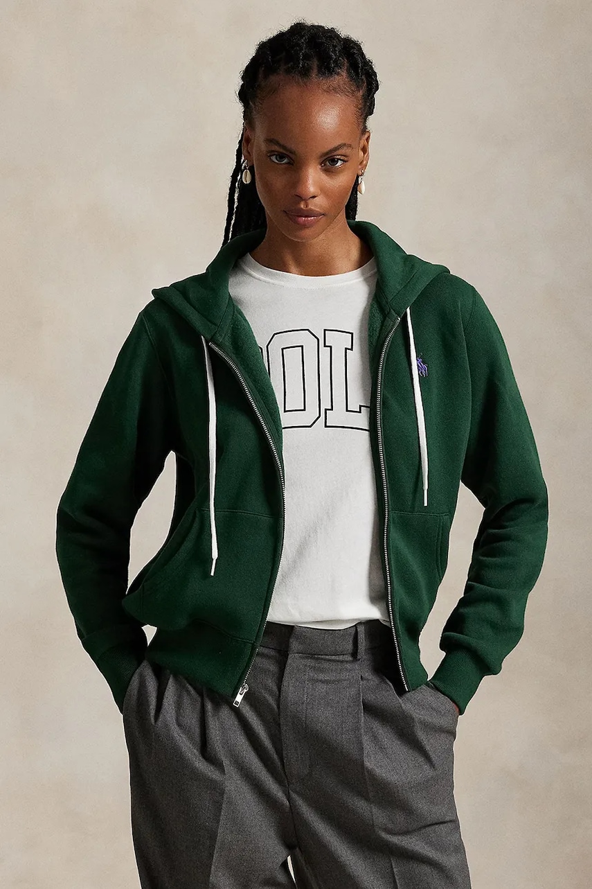 Mikina Polo Ralph Lauren dámská, zelená barva, s kapucí, hladká, 211971699