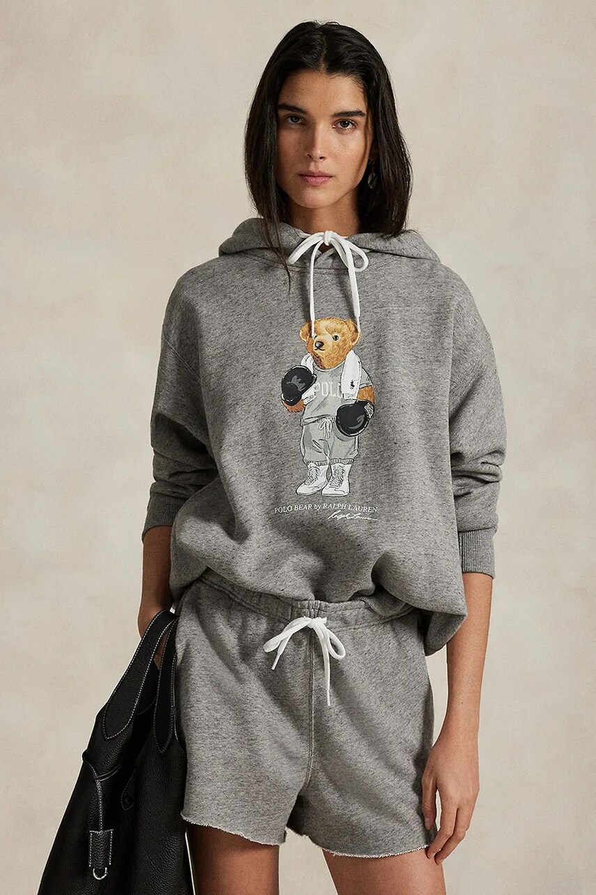 Levně Bavlněná mikina Polo Ralph Lauren dámská, šedá barva, s kapucí, s potiskem, 211971713