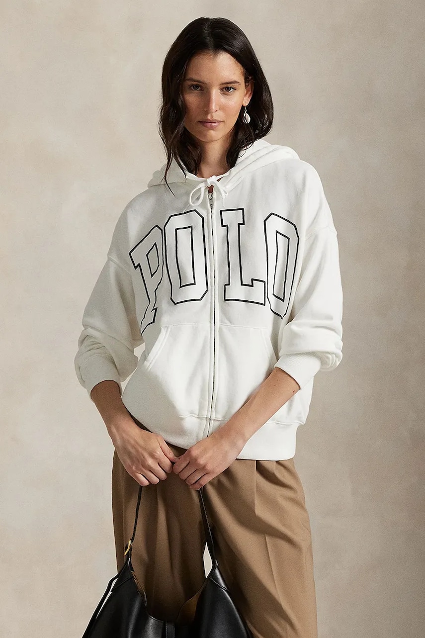 Levně Mikina Polo Ralph Lauren dámská, bílá barva, s kapucí, 211A90685