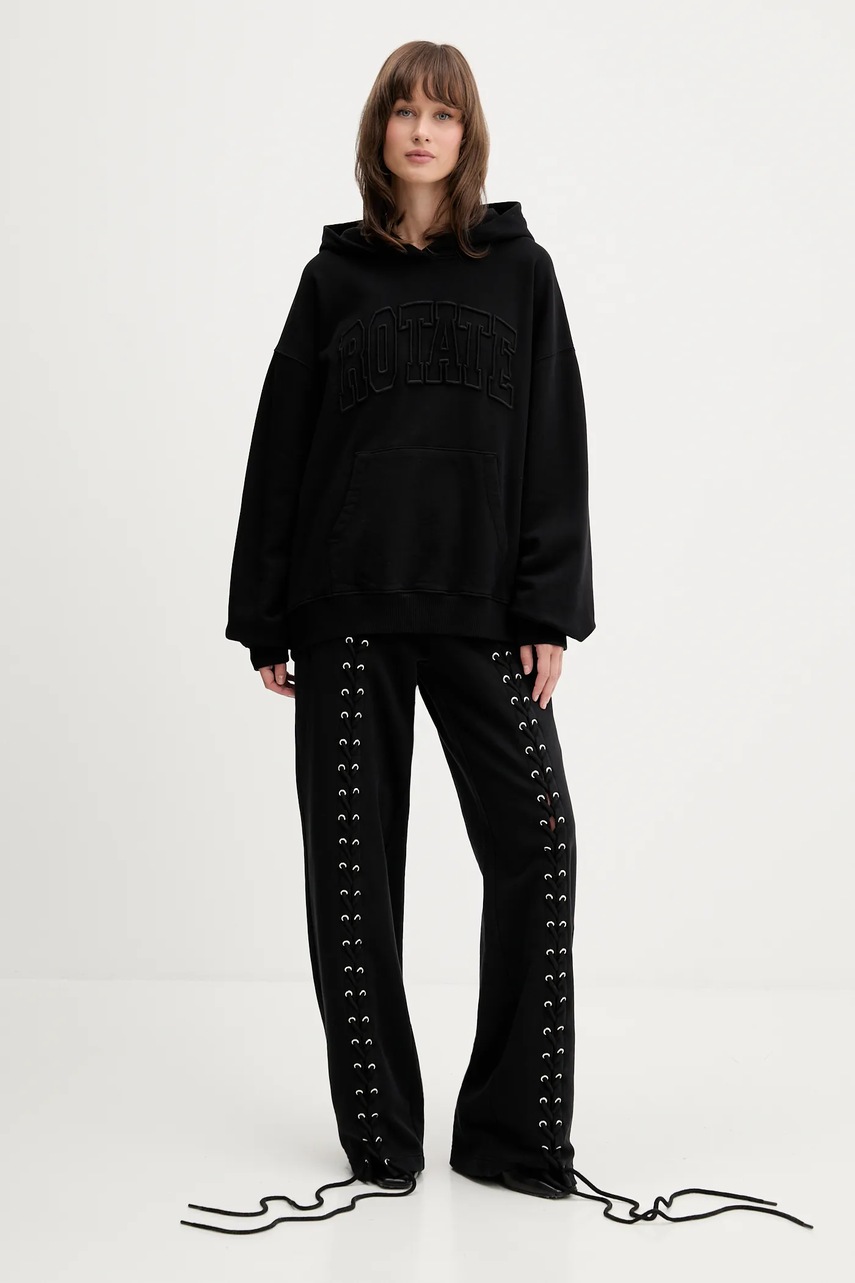 Хлопковая кофта Rotate цвет чёрный с капюшоном с аппликацией 115084100
