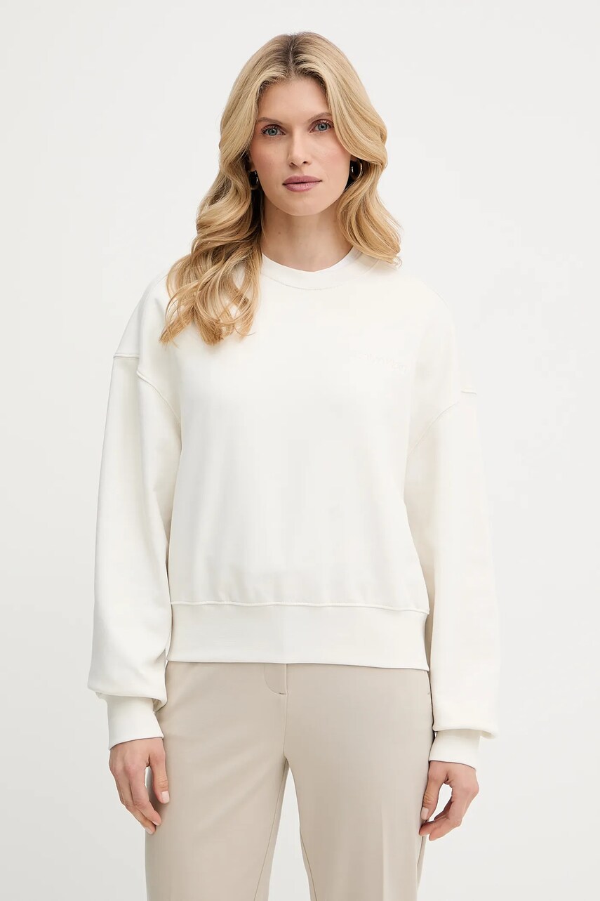 Levně Bavlněná mikina Calvin Klein dámská, béžová barva, s aplikací, LV044C209G