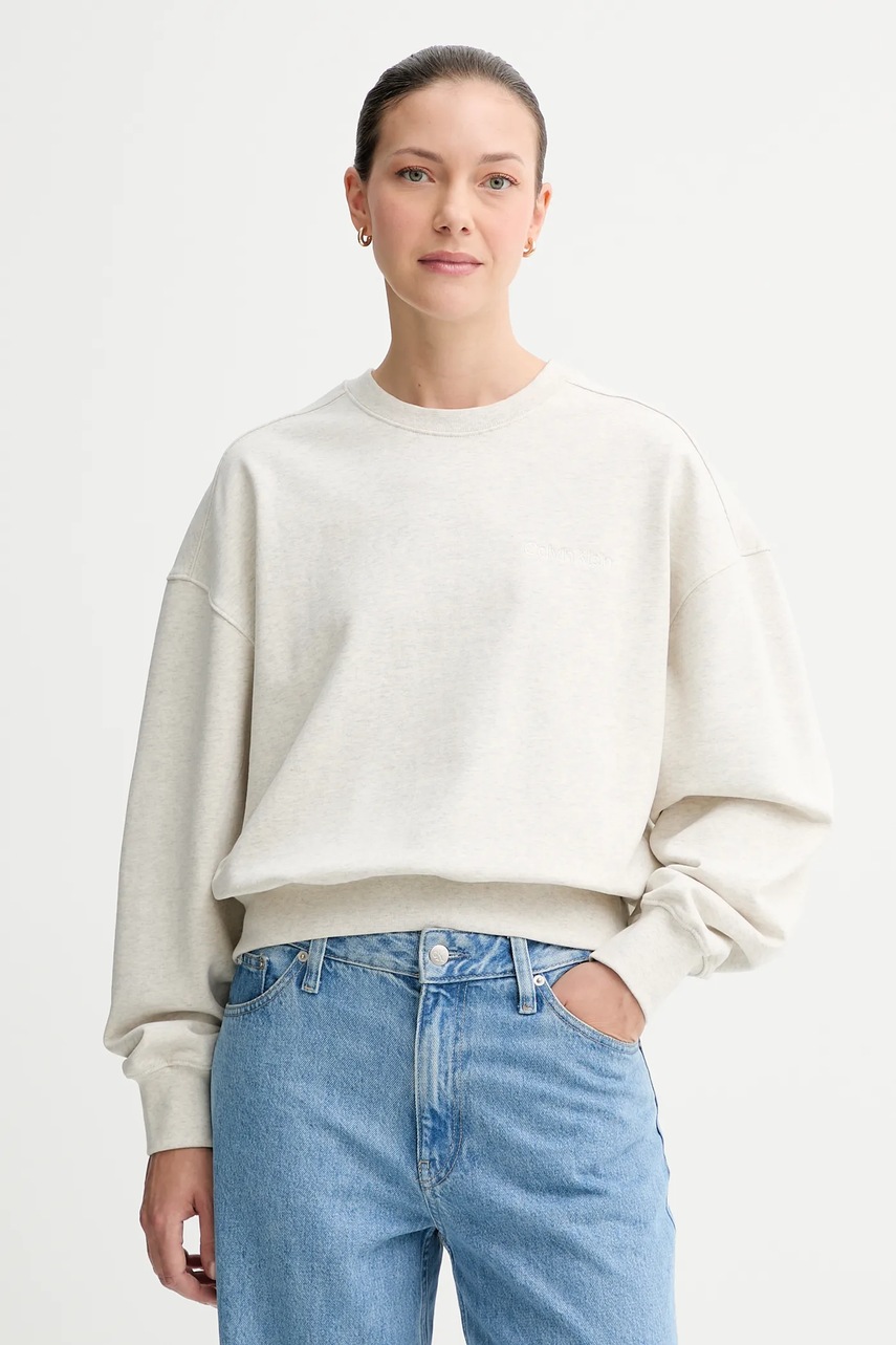 

Памучен суичър Calvin Klein в бежово с апликация LV044C209G, Сив