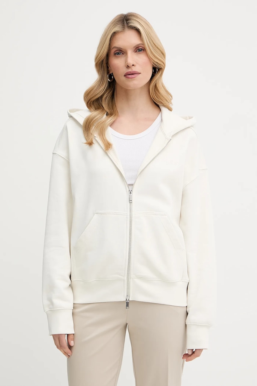 Levně Bavlněná mikina Calvin Klein dámská, béžová barva, s kapucí, hladká, LV044C211G