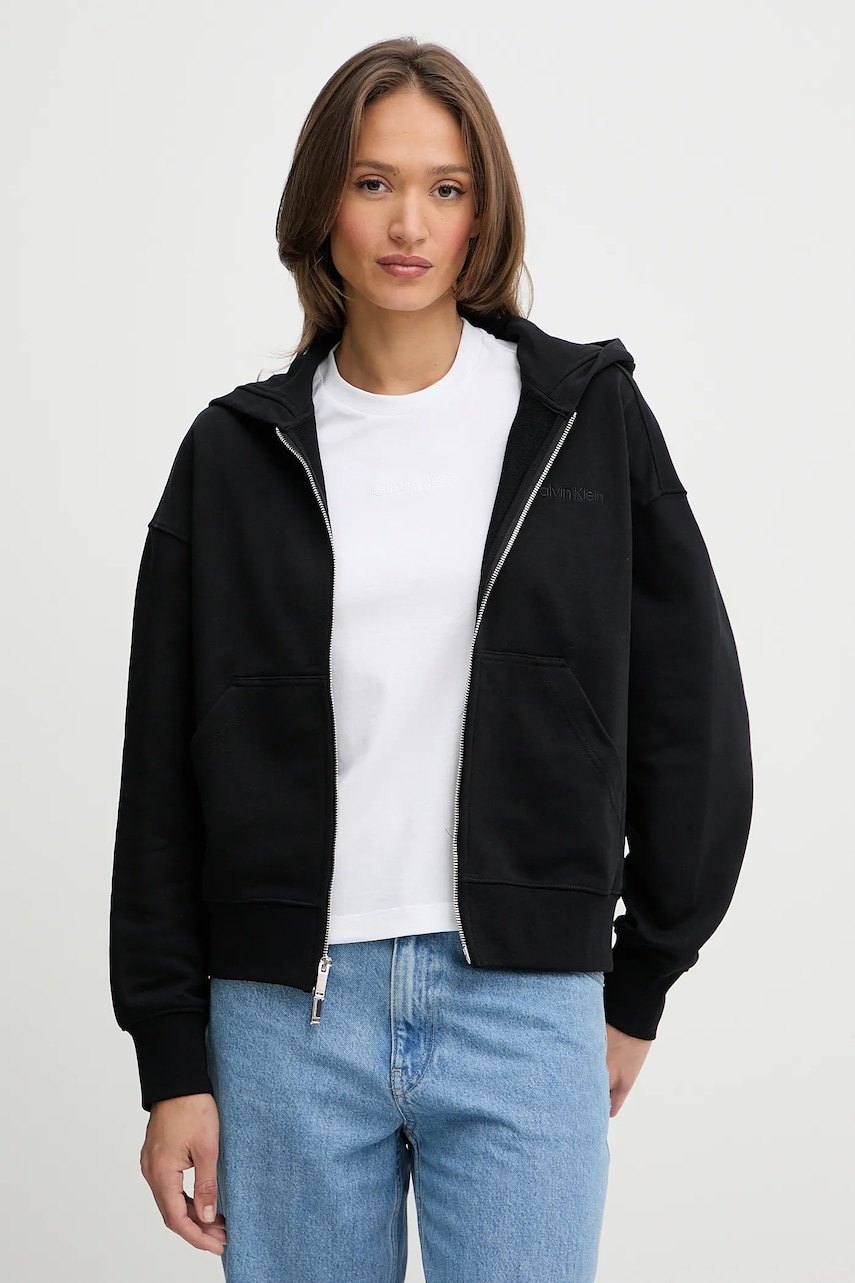 Levně Bavlněná mikina Calvin Klein dámská, černá barva, s kapucí, hladká, LV044C211G
