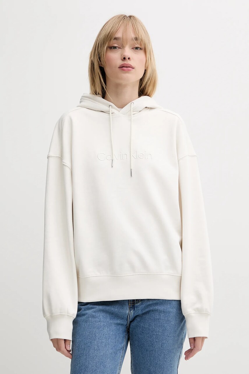Levně Bavlněná mikina Calvin Klein dámská, béžová barva, s kapucí, s aplikací, LV044C210G