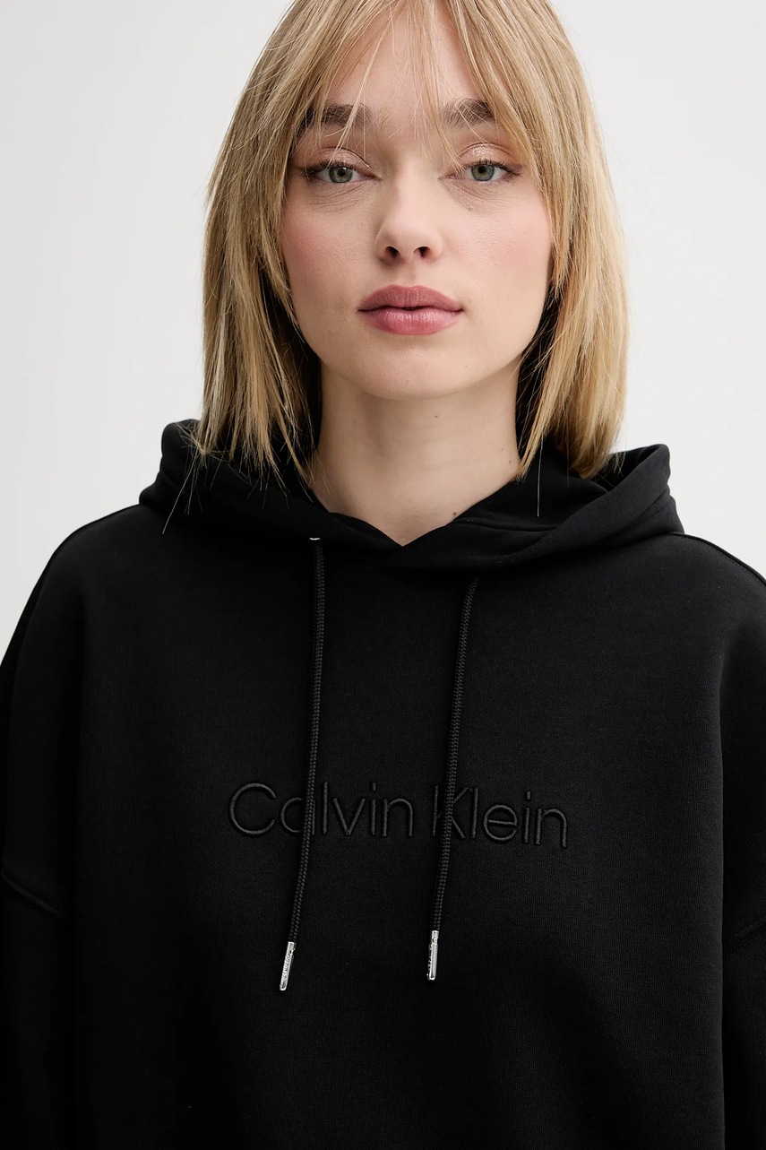 Βαμβακερή μπλούζα Calvin Klein γυναικεία, χρώμα: μαύρο, με κουκούλα, LV044C210G φωτογραφία