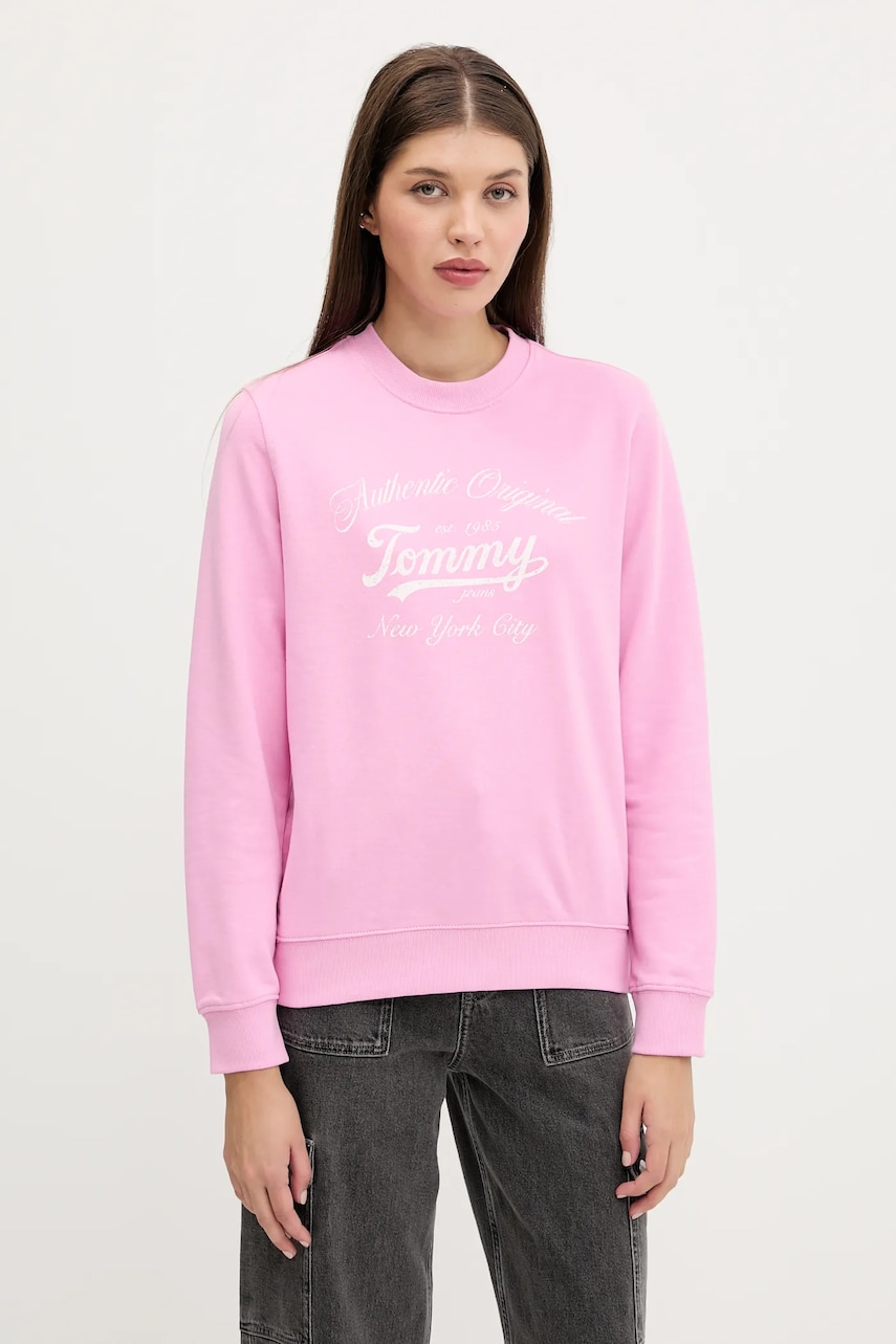 Tommy Jeans hanorac de bumbac culoarea roz, cu imprimeu, DW0DW20942