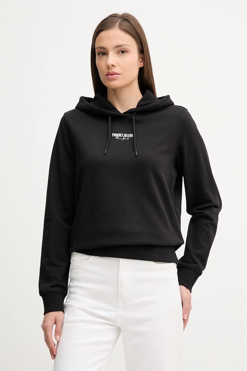 Tommy Jeans hanorac de bumbac culoarea negru, cu glugă, cu imprimeu, DW0DW20943