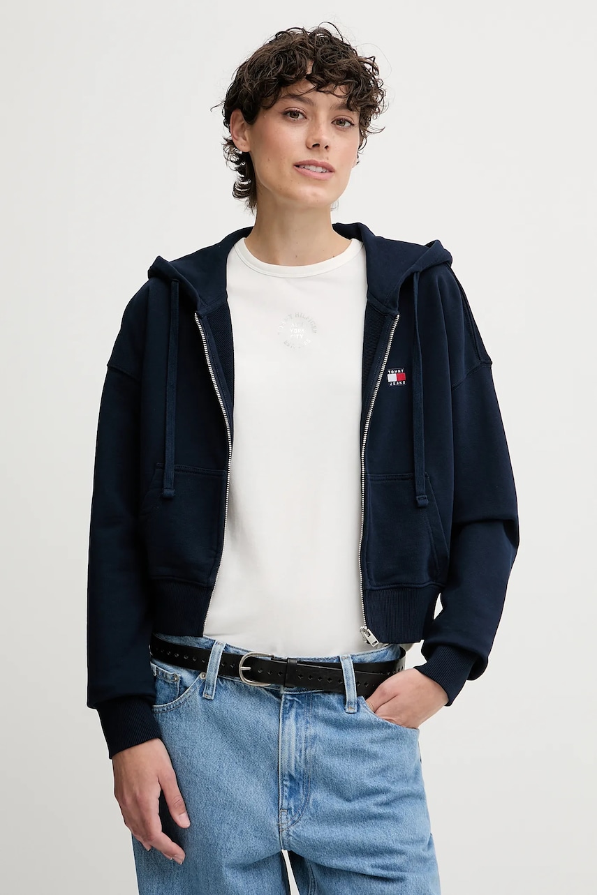 Tommy Jeans hanorac de bumbac culoarea bleumarin, cu glugă, cu imprimeu, DW0DW21147