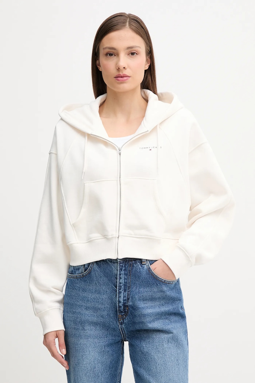 Tommy Jeans bluză culoarea bej, cu glugă, uni, DW0DW21163