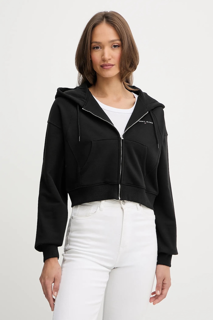 Tommy Jeans bluză culoarea negru, cu glugă, uni, DW0DW21163