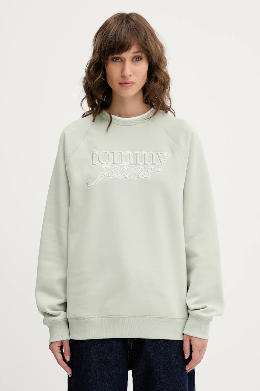 Tommy Jeans bluză culoarea verde, cu imprimeu, DW0DW21196