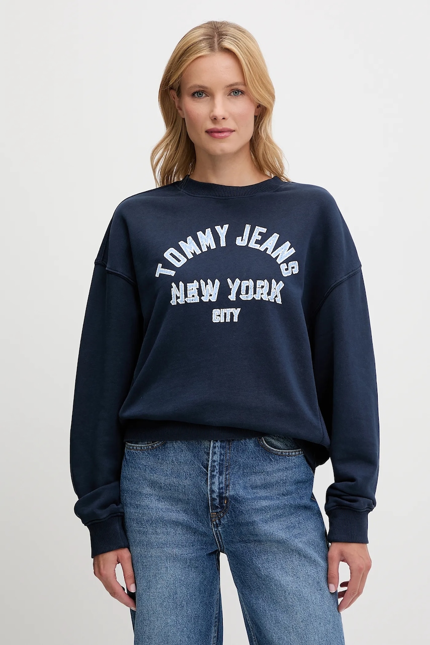 Tommy Jeans hanorac de bumbac culoarea bleumarin, cu imprimeu, DW0DW21202