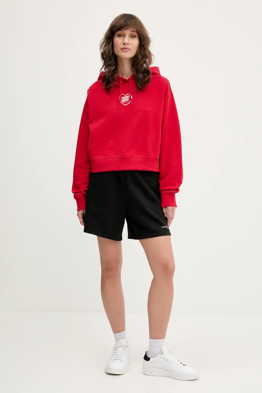 Хлопковая кофта Tommy Jeans цвет красный с капюшоном с принтом DW0DW21408 Хлопковая кофта Tommy Jeans цвет красный с капюшоном с принтом DW0DW21408