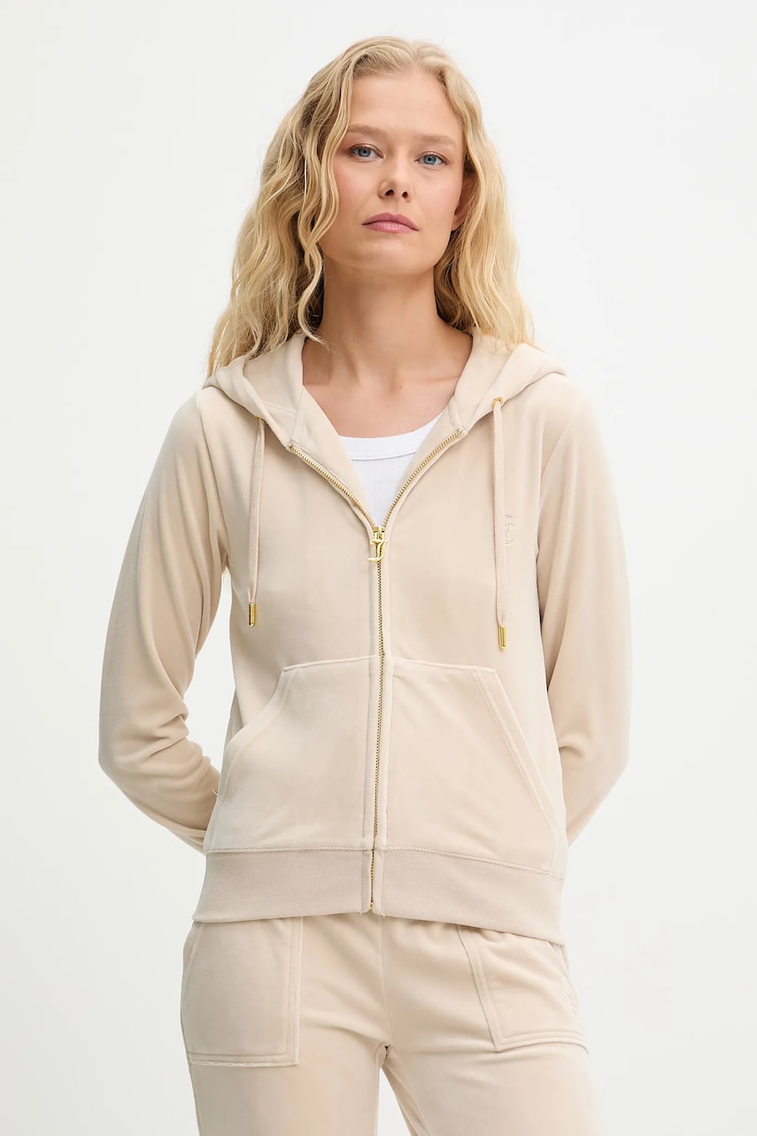 Juicy Couture bluză ROBERTSON HOODIE culoarea bej, cu glugă, cu imprimeu, JCAP176G