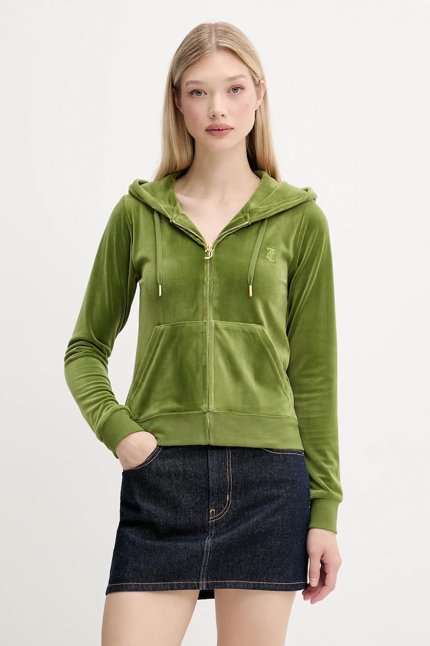 Juicy Couture bluză ROBERTSON HOODIE culoarea verde, cu glugă, cu imprimeu, JCAP176G