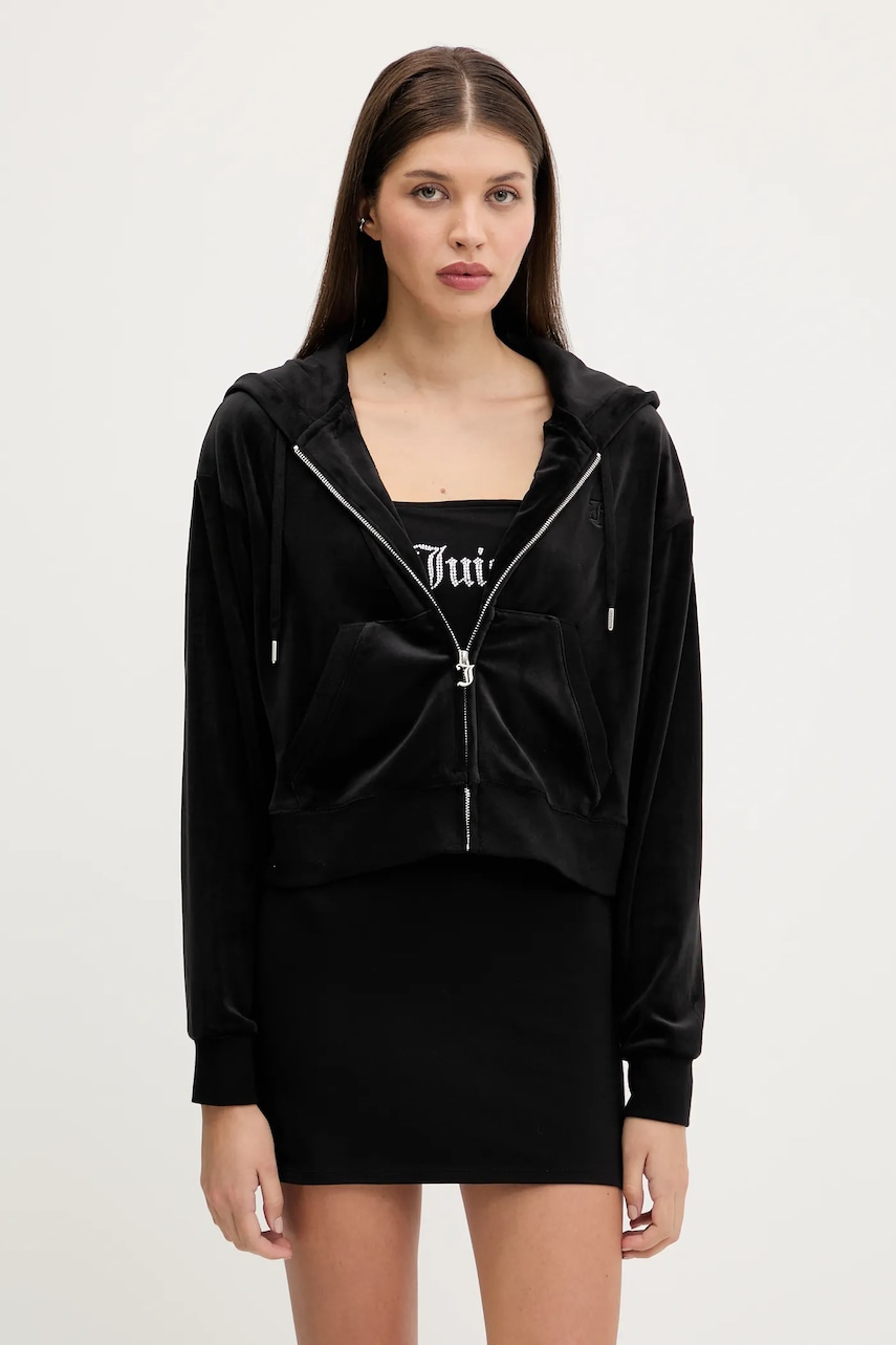Juicy Couture bluză din velur BRENDAL CROP OVERSIZED HOODIE culoarea negru, cu glugă, uni, JCBAS225801