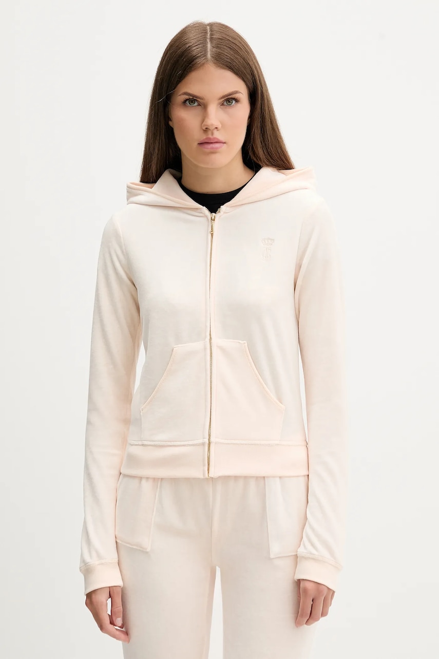 Juicy Couture bluză HERITAGE ROBYN HOODIE culoarea roz, cu glugă, cu imprimeu, JCSEBJ007G