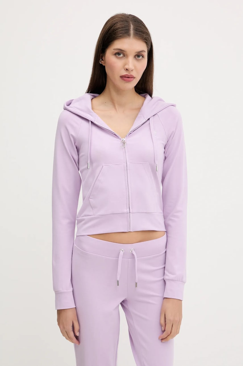 Juicy Couture bluză SINGLE JERSEY OLA HOODIE culoarea violet, cu glugă, cu imprimeu, JCWAS125310