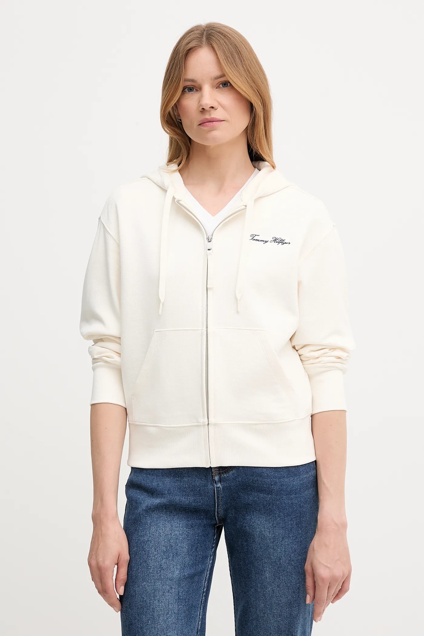 Levně Mikina Tommy Hilfiger dámská, béžová barva, s kapucí, hladká, WW0WW45742