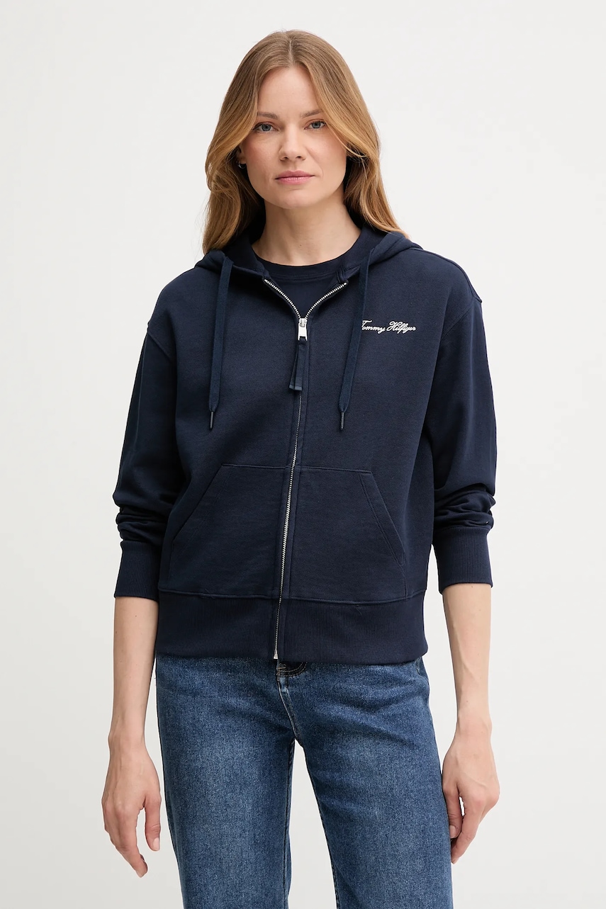 Levně Mikina Tommy Hilfiger dámská, tmavomodrá barva, s kapucí, hladká, WW0WW45742