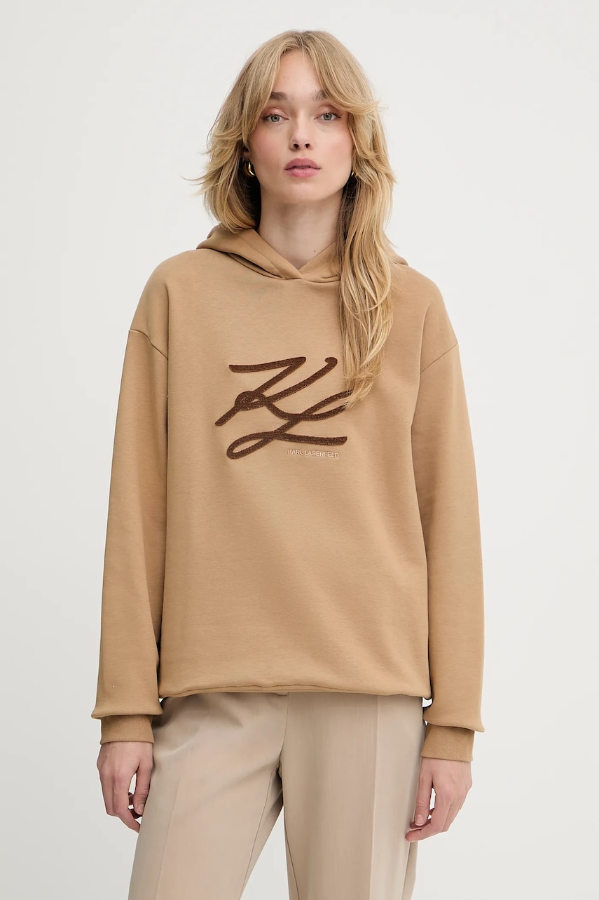 Karl Lagerfeld bluză AUTOGRAPH HOODIE culoarea bej, cu glugă, cu imprimeu, A3W20008