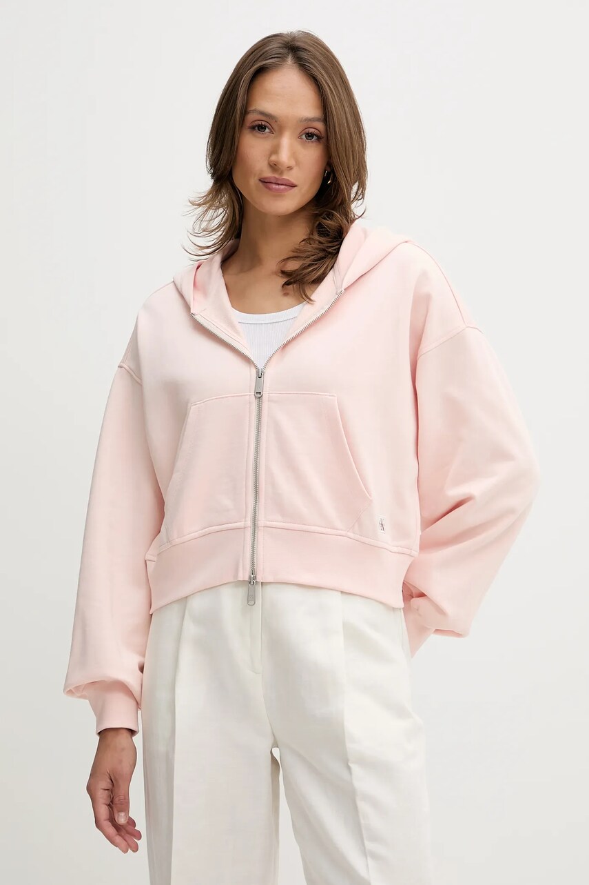 Levně Bavlněná mikina Calvin Klein Jeans dámská, oranžová barva, s kapucí, hladká, LV047C216G