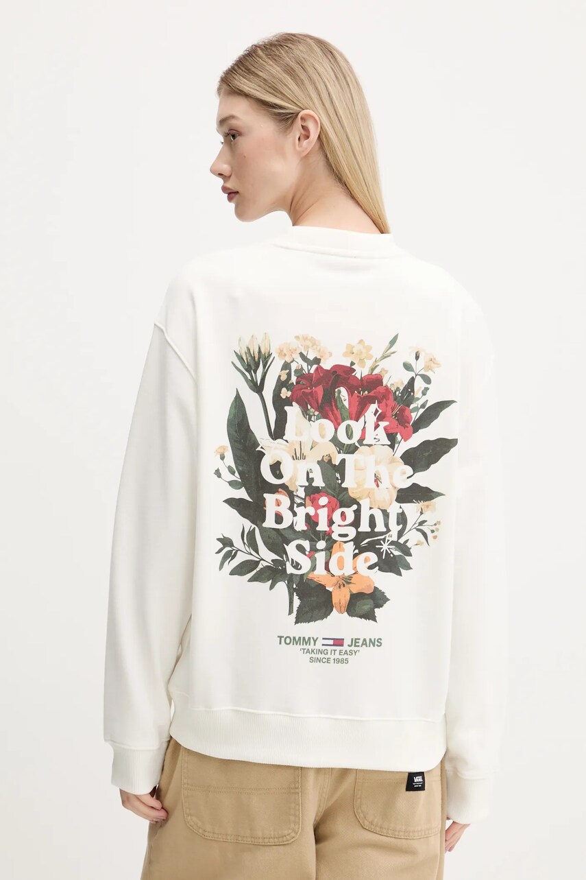 Tommy Jeans hanorac de bumbac culoarea bej, cu imprimeu, DW0DW21368