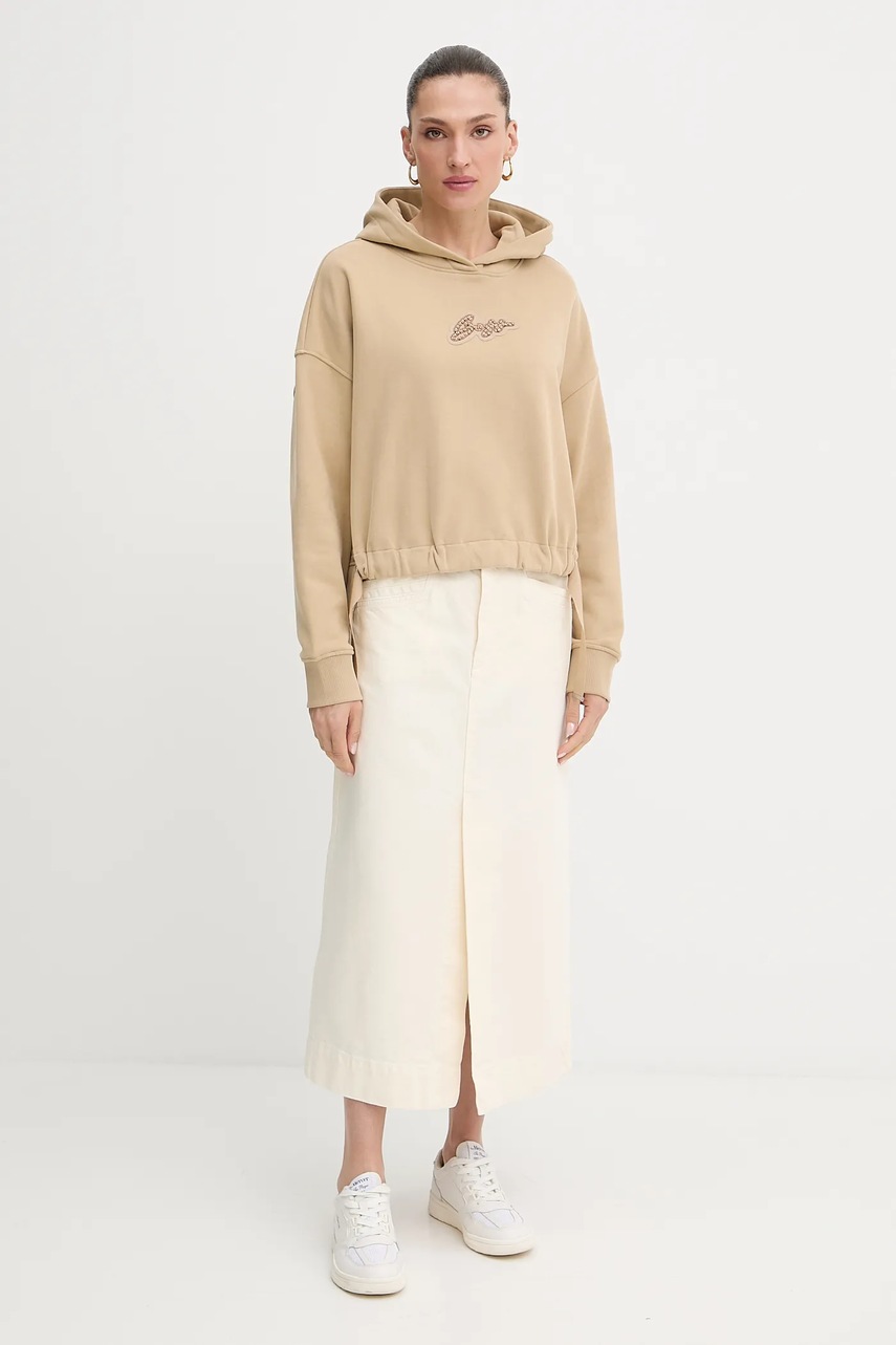 Хлопковая кофта BOSS Orange цвет зелёный с капюшоном с аппликацией 50545507