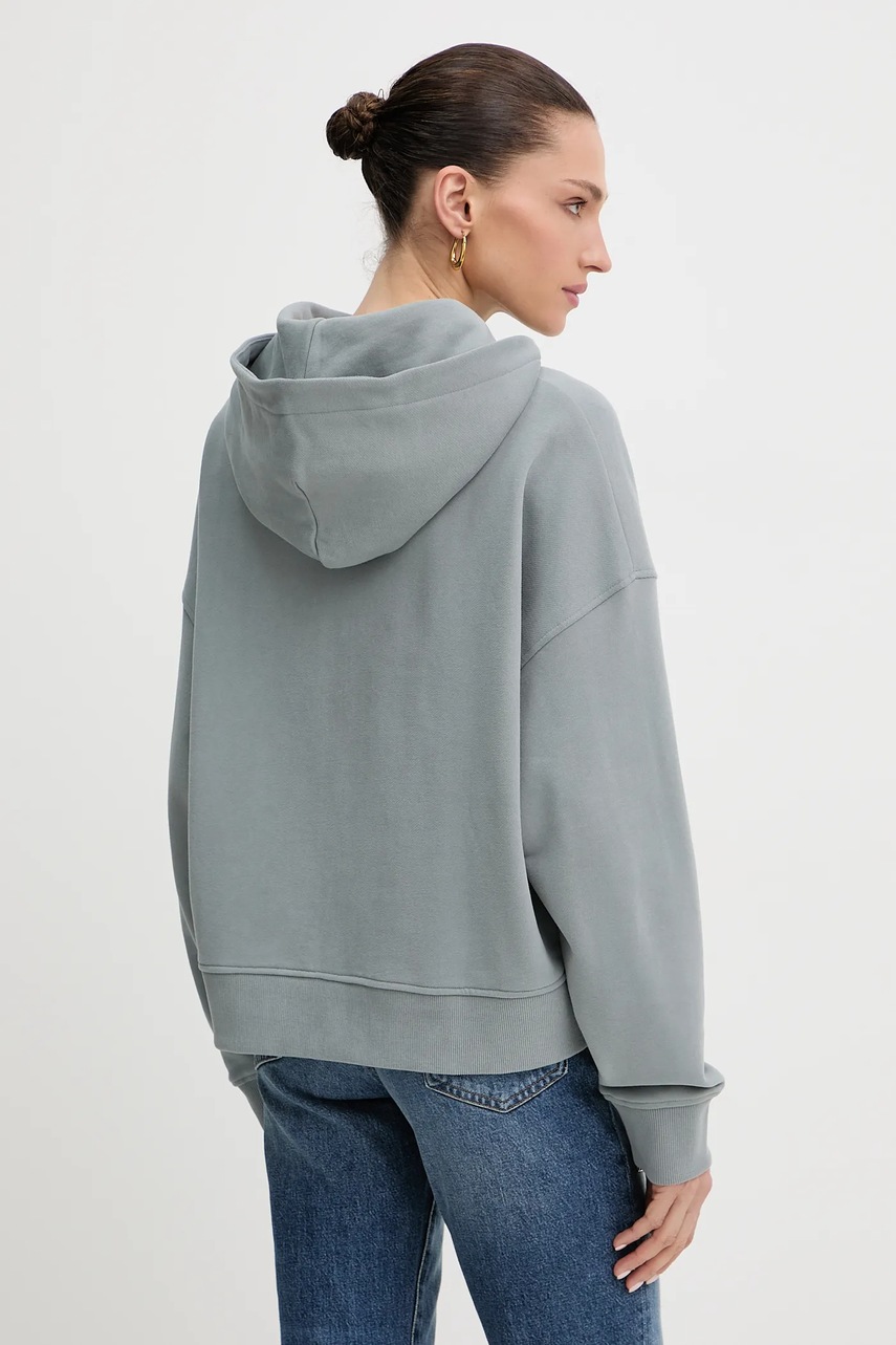 Βαμβακερή μπλούζα BOSS Orange γυναικεία, χρώμα: γκρι, με κουκούλα, 50545507 φωτογραφία